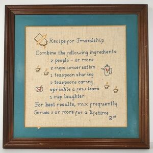 Vintage 1983 Completed Stitched Recipe For Friendship Framed No Glass